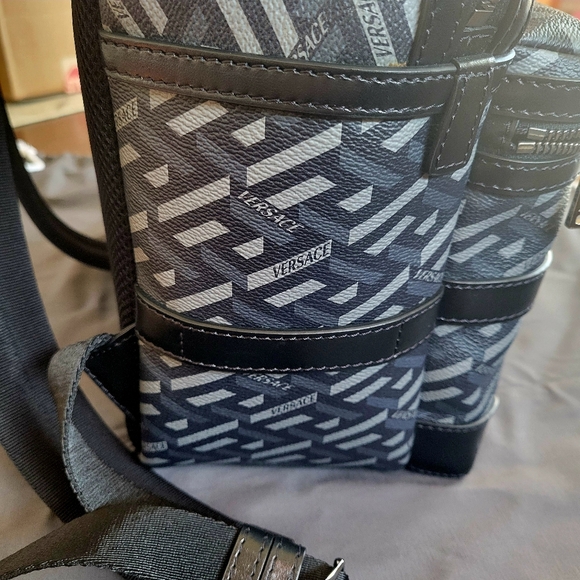 EUC Versace Coated Canvas Calfskin La Greca Signature Backpack Black and Grey - Picture 10 of 16